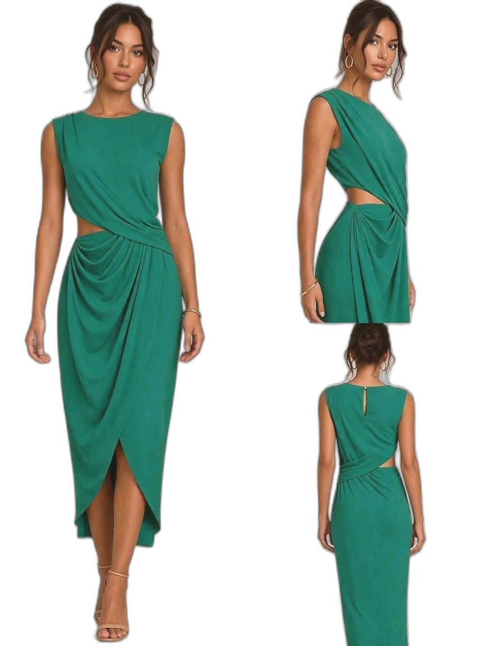ASOS Women's Draped Detail Cut Out Cocktail Midi Dress Sleeveless Party Green  8